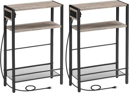 HOOBRO Small Narrow Side Table with Charging Station Set of 2, Skinny End Table for Small Spaces, Slim Nightstand with USB Ports Outlet, Sofa Beside Table with Storage Shelf BG102UBZP201
