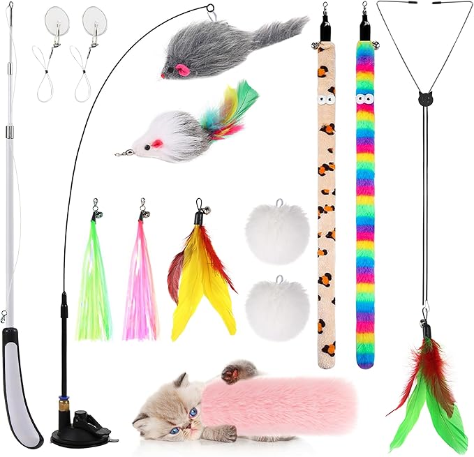 4-in-1 Interactive Cat Feather Toys with Durable Retractable Fishing Pole, Enhanced Suction Cup Toy, Door Hanging Teaser Toy and 11 Attachments Replacements for Bored Indoor Adult Cats-Mewly Pet