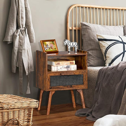 Lerliuo Rattan Nightstand, Boho Side Table with Drawer Open Shelf, Cane Accent Bedside End Table with Solid Wood Legs for Bedroom, Dorm and Small Spaces (Brown)