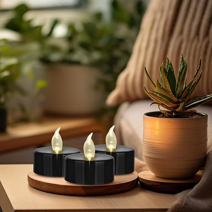 Battery Operated LED Tea Lights: 12PACK Flameless Votive Candles Lamp Realistic and Bright Flickering Holiday Gift Long Lasting 200Hours for Seasonal & Festival Celebration Black