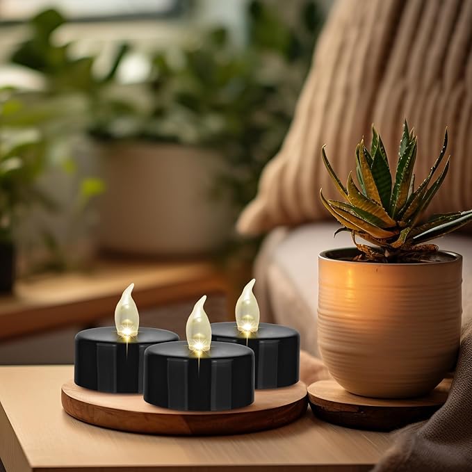 Battery Operated LED Tea Lights: 24PACK Flameless Votive Candles Lamp Realistic and Bright Flickering Holiday Gift Long Lasting 200Hours for Seasonal & Festival Celebration Black