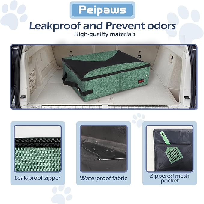 Portable Cat Travel Litter Box. Zipped Lid, Collapsible Litter Box for Cats. No Leakage, No Smell. Easy to Carry. Used for Hotels, Camping, Car (Green, L)-Mewly Pet