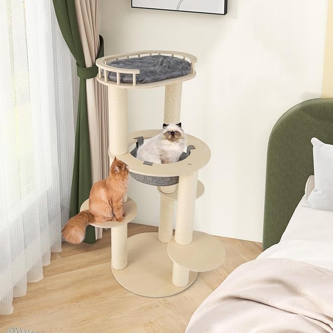 Tangkula Wood Cat Tree, 59 Inch Multi-Level Cat Tower with Top Padded Perch, Hammock, 3 Platforms & Sisal Scratching Posts, Large Modern Cat Tree Tower for Indoor Cats Kittens (59 Inch)-Mewly Pet