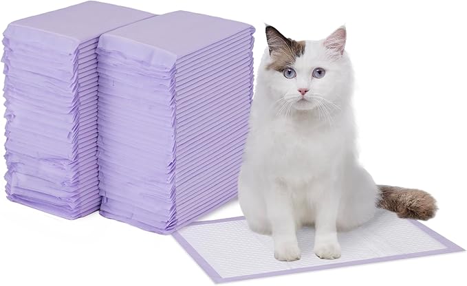 Amazon Basics Cat Pee Pads, 80 Count, Universal Fit for Litter Box, Odor Control, Unscented, White/Purple-Mewly Pet