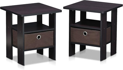 Furinno Andrey Set of 2 End Table / Side Table / Night Stand / Bedside Table with Bin Drawer, Dark Walnut