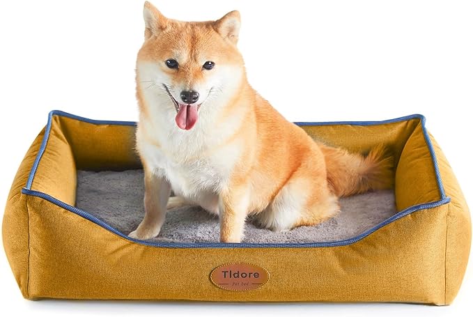 Orthopedic Dog Beds for Medium Dogs, Durable Egg Crate Foam Sofa Dog Bed wit Washable Removable Cover,Waterproof Lining,Pet Bed for Large Dogs (Mustard Yellow, 26.4" L x 21.7" W x 6.2" Th)-Mewly Pet