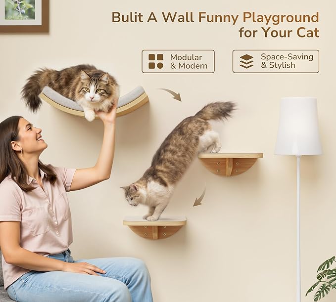 Cat Wall Shelf with Curved Hammock Bed, Wall Mounted Cat Perch with Beige Soft Foam Cushion, Floating Wall Furniture for Climbing, Sleeping & Lounging-Mewly Pet