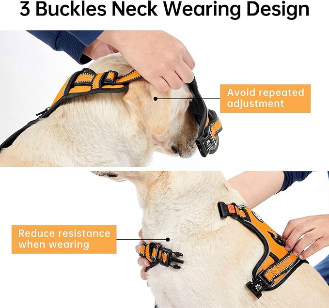 IVY&LANE No Pull Dog Harness for Large Dogs, Dog Vest Harness with Leash, Safety Belt and Storage Strap, Fully Adjustable Harness, 360° Reflective Strip, Soft Handle (Orange, L)-Mewly Pet
