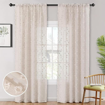 MYSKY HOME Pom Pom Beige Sheer Curtains for Bedroom Girls Room Curtains 84 Inches Long for Nursery Kids Light Filtering Boho Window Drapes, Rod Pocket, 52" Wide, 2 Panels