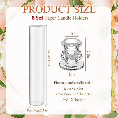 8 Set Christmas Glass Hurricane Candle Holders 12.6" Open Ended Glass Candleholder Tube Shape Bottomless and 2.2" Taper Clear Candlestick Holders for Wedding Party Table Centerpiece (Clear)