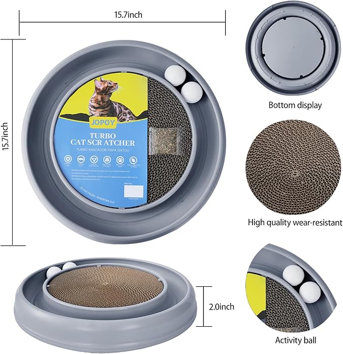 Interactive Cat Scratcher with Two Rotating Balls,Durable Scratch Pad for Indoor Play,Cardboard Cat Scratcher Pad with Cat Toy Ball Track and Catnip,2-in-1 Cat Toy (Grey)-Mewly Pet