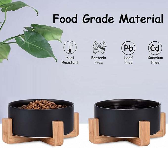 Petygooing Ceramic Black Cat Dog Bowl Set with Stand,Small Dog Bowls, Pet Food and Water Dish, Anti Slip Set of 2 Cat Bowl-Pet Food Dishes- Pet Bowls Small Size Pet (13.5OZ/5.1 in)-Mewly Pet
