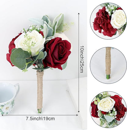 Artificial Flowers Bridesmaid Bouquets - Set of 4 Bridesmaid Bouquet Burgundy White Handmade Silk Floral Bouquet for Wedding Ceremony Anniversary, Bridal Shower, Home Table Decorations