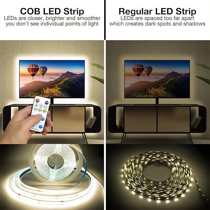 DAYBETTER COB LED Strip Lights with Remote, App Control,32.8ft 4000K Dimmable Ultra Bright Natural White COB Light Strip, COB Led Lights for Bedroom, TV, Mirror, Ceiling, Kitchen, Room Decor