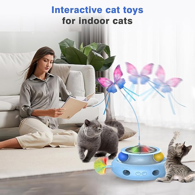 Automatic Interactive Cat Toys for Indoor Cats & Bored Adults - Kitten Toys with Fluttering Butterfly, Ambush Feather & Track Balls - Exercise & Stimulation for Playful Cats (Sky Blue)-Mewly Pet