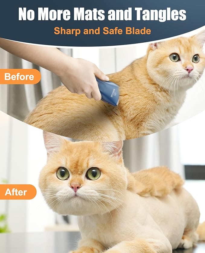oneisall Pet Clipper for Cat Matted Hair, Pet Shaver for Cats Quiet Pet Clippers Waterproof Cordless Cat Clippers for Matted Hair Long Hair with Storage Bag (Blue)-Mewly Pet