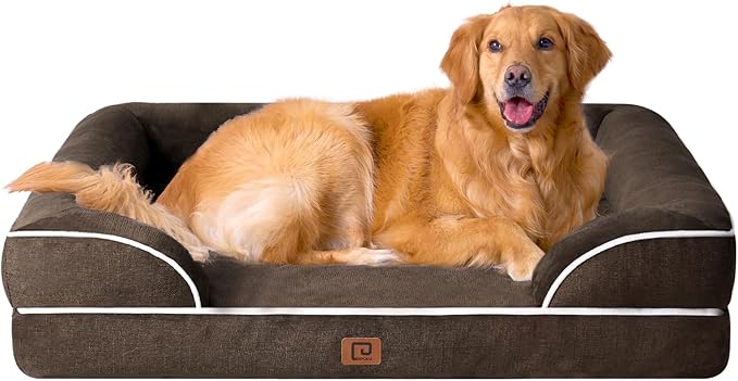 EHEYCIGA Orthopedic Dog Beds for Extra Large Dogs, Waterproof Memory Foam XL Dog Bed with Sides, Non-Slip Bottom and Egg-Crate Foam Big Pet Couch Bed with Washable Removable Cover, Brown-Mewly Pet