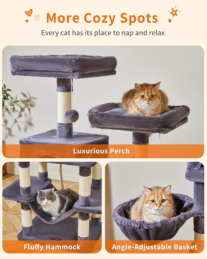 Taoqimiao Cat Tree, 71.7-Inch Cat Tower for Indoor Cats, Plush Multi-Level Cat Condo with 13 Scratching Posts, 2 Perches, 2 Caves, Hammock, 2 Pompoms,Smoky Gray MS013LG-Mewly Pet