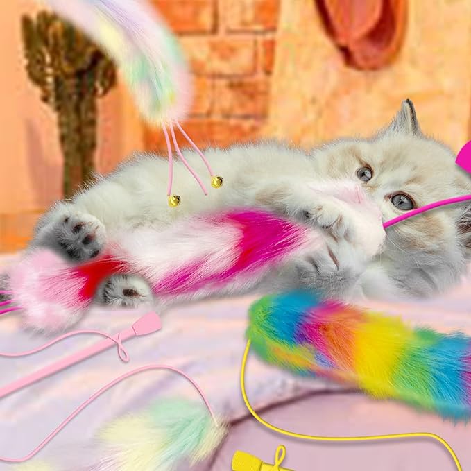 4 Pack Cat Wand Toy, Rainbow Cat Feather Toys with Bells, Teaser Wand with Soft Furry Tail, Interactive Toys for Indoor Cats & Kitten & Kitty-Mewly Pet