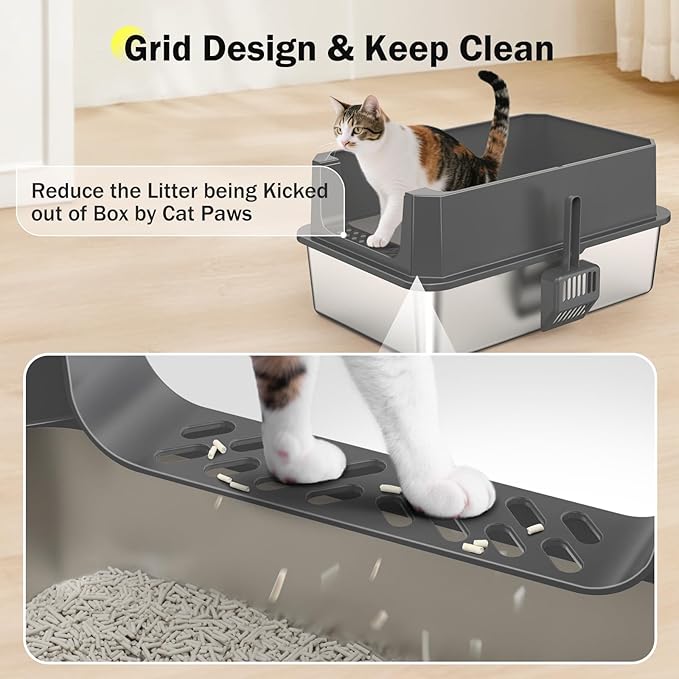 Stainless Steel Litter Box, Extra Large Litter Boxes for Big Cats, XLarge Metal Cat Litter Box with Lid, Anti-Urine Leakage XL Box with High Sides, Easy Clean, Non-Sticky, Scoop Included-Mewly Pet