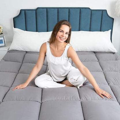 Cooling Mattress Pad Extra Thick Bed Topper Plush Pillow Top Hotel Quality Down Alternative Mattress Topper for Queen Bed, Queen Size, Grey