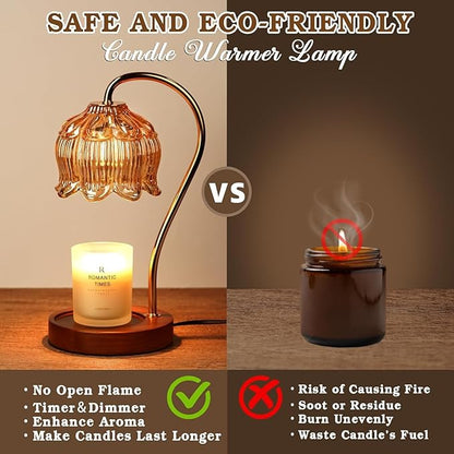 Flower Candle Warmer Lamp 2 Pack, Candle Lamp with Timer, Christmas Birthday Gifts for Women Mom, Lamp Candle Warmer for Jar Candles, Home Decor, 4 Bulbs, Amber