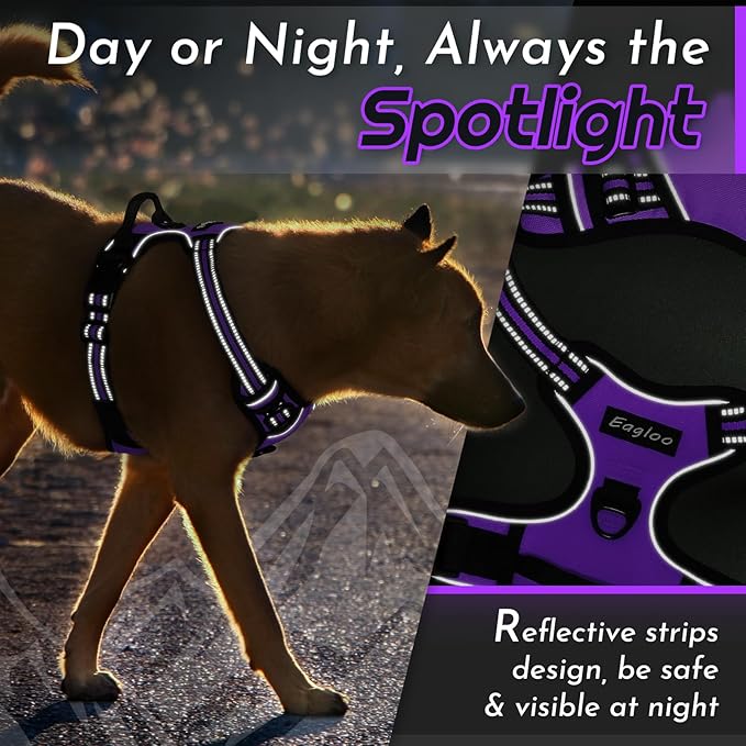 Eagloo Dog Harness Small Sized Dog, No Pull Service Vest with Reflective Strips and Control Handle, Adjustable and Comfortable for Walking, No Choke Pet Harness with 2 Metal Rings, Purple, S-Mewly Pet