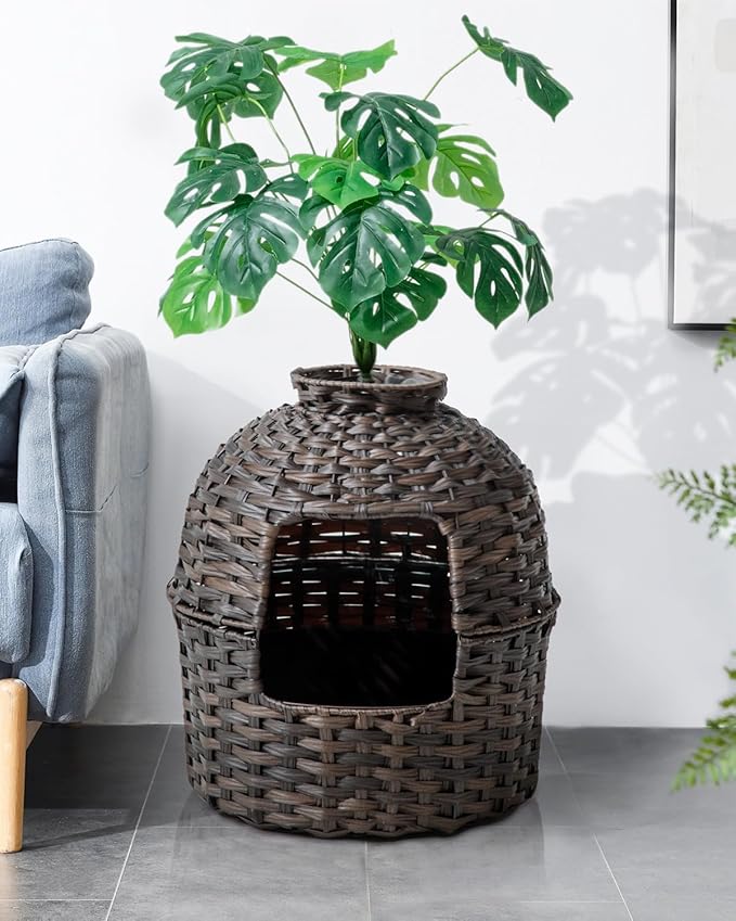 Cat Litter Box Plant Furniture Enclosure, Hidden Handwoven Rattan with Cat Litter Box and Artificial Plants, Odor Control Filter, Real Stones in Living Room, Bedroom, Corner (Brown)-Mewly Pet
