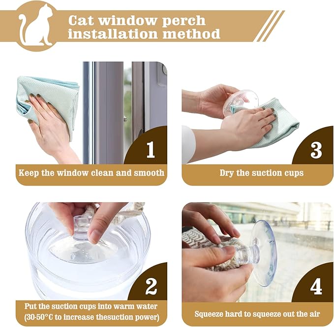 Cat Window Perch Macrame Cat Hammock Boho Wall Mounted Pet Resting Seat Bed for Sunbathing, Napping & Overlooking with 4 Seat Suction Cups & Fleece Blanket & Knitted Ball Toy - Weighted up to 35lbs.-Mewly Pet