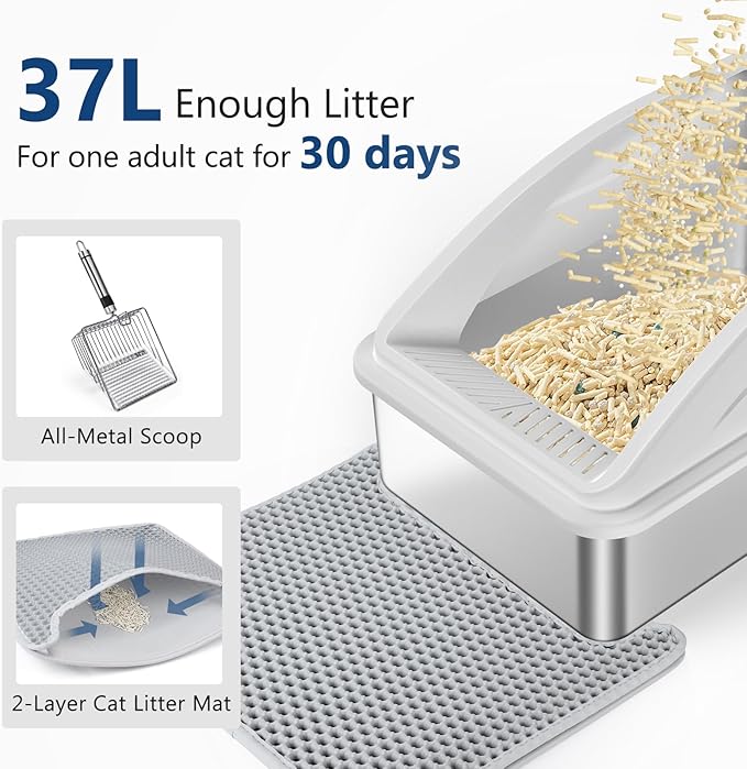 Stainless Steel Litter Box, Extra Large Litter Boxes for Big Cats, XL Metal Cat Litter Box with Lid, Anti-Urine Leakage, Non-Sticky, Include Cat Mat and Litter Scoop-Mewly Pet