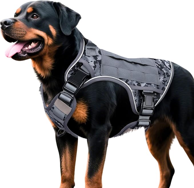 Heavy-Duty Tactical Dog Harness for Large Dogs, No Pull Adjustable Reflective Pet Vest with Molle System, K9 Military-Grade Control for Service Training, Outdoor & 10+ Breeds, Gray Camo, X-Large-Mewly Pet