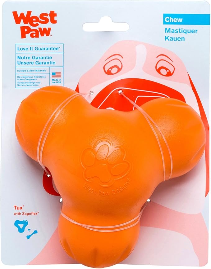 West Paw Zogoflex Tux Interactive Treat Dispensing Dog Chew Toy for Aggressive Chewers, 100% Guaranteed Tough, It Floats!, Made in USA, Small, Tangerine-Mewly Pet