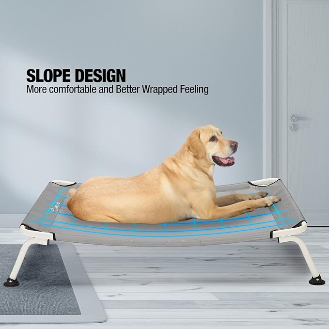 Veehoo Elevated Dog Bed for Outdoor, Cooling Waterproof Raised Dog Cots Beds for Medium Dogs, Curved Off Ground Pet Hammock Cot Lifted for Outside, up to 65lbs, White Legs, Grey 32"-Mewly Pet