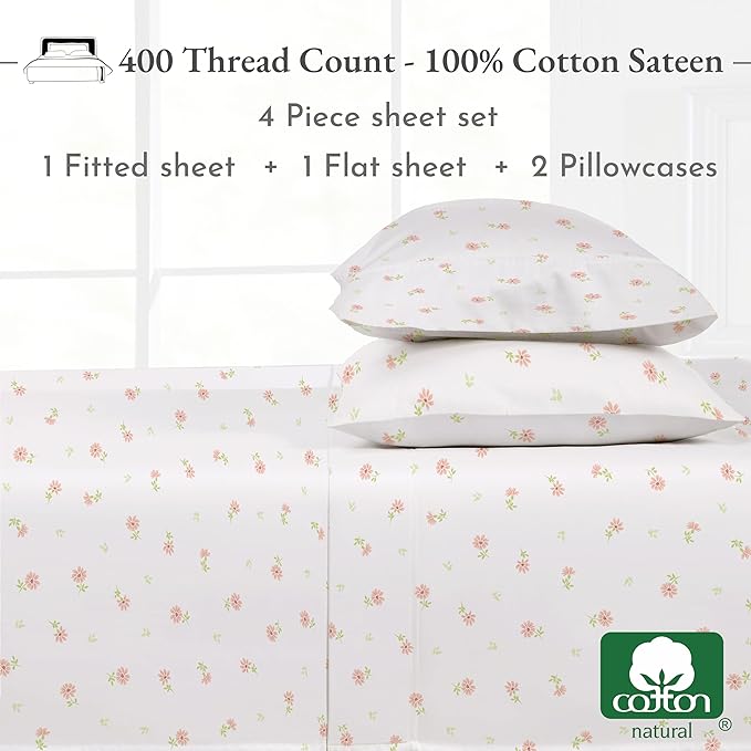 California Design Den Floral Print King Size Sheets Set - Luxury 400 Thread Count Sateen, Natural 100% Cotton Sheets King Size, Deep Pockets, Cooling and Durable Bedding Set - Soft Floral