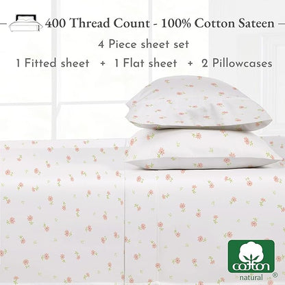 California Design Den Floral Print King Size Sheets Set - Luxury 400 Thread Count Sateen, Natural 100% Cotton Sheets King Size, Deep Pockets, Cooling and Durable Bedding Set - Soft Floral