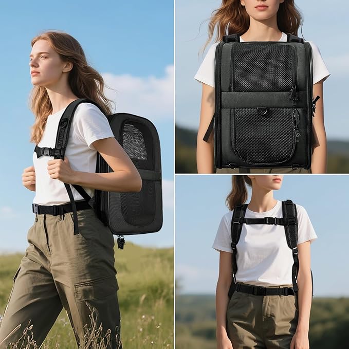 Apollo Walker Pet Carrier Backpack for Large/Small Cats and Dogs, Puppies, Safety Features and Cushion Back Support for Travel, Hiking, Outdoor Use (Black-Expandable)-Mewly Pet