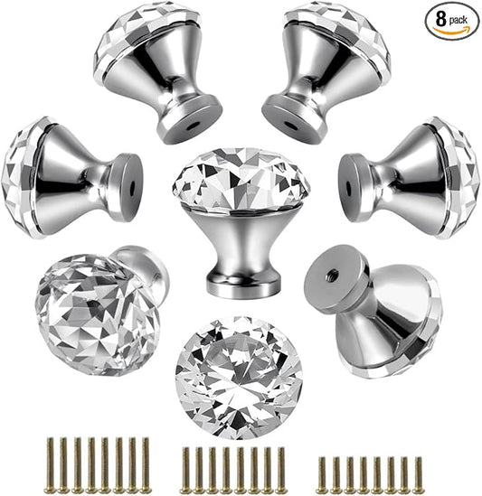 30mm Kitchen Cabinet Knobs Drawer Pull Handle Hardware, Crystal Clear Glass Round Diamond Shape Dresser Closet Bi-fold Door Bathroom Cupboard Desk Nightstand Bookcase Furniture Drawer Knob Set （8PCS）