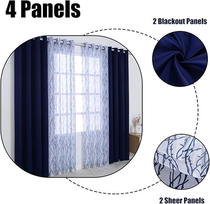 BONZER Mix and Match Curtains - 2 Pieces Branch Print Sheer Curtains and 2 Pieces Blackout Curtains for Bedroom Living Room Grommet Window Drapes, 37x95 Inch/Panel, Indigo, Set of 4 Panels