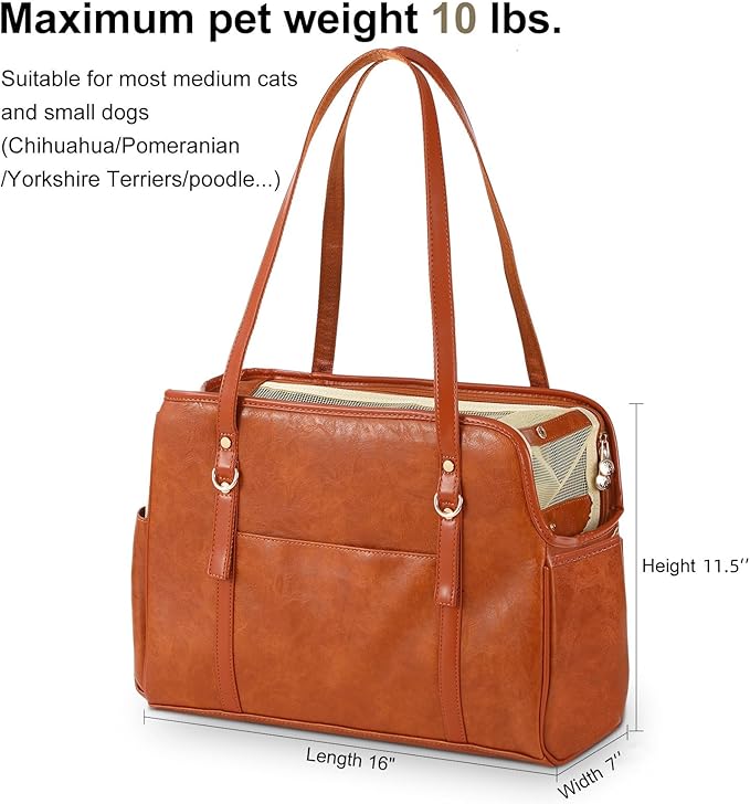 Dog Carrier Purse, Fashion Leather Pet Carrier with Pockets, Airline Approved Soft Sided Dog Carrying Bag for Puppy Cat Dog Brown-Mewly Pet