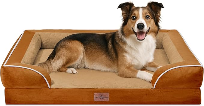 Comfort Expression Large Dog Beds Waterproof Orthopedic Foam Dog Sofa Beds Comfy Pet Bed with Washable Removable Cover & Non-Slip Bottom(Large,Caramel)-Mewly Pet