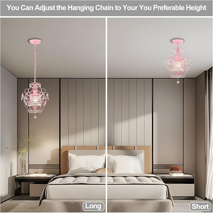 Pink Chandelier for Bedroom, 90% Pre-Assembled 1 Light Small Crystal Chandelier, Mini Acrylic Crystal Ceiling Light Fixture Charming for Girls Room, Closet, Bathroom, Entryway, Dining Room