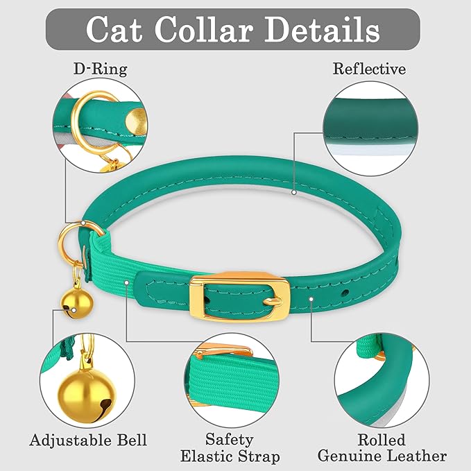 OOPSDOGGY Rolled Leather Cat Collar with Bell - Reflective Kitten Collar with Safety Elastic Strap - Adjustable Small Pet Collars for Boy Girl Cats (Teal)-Mewly Pet