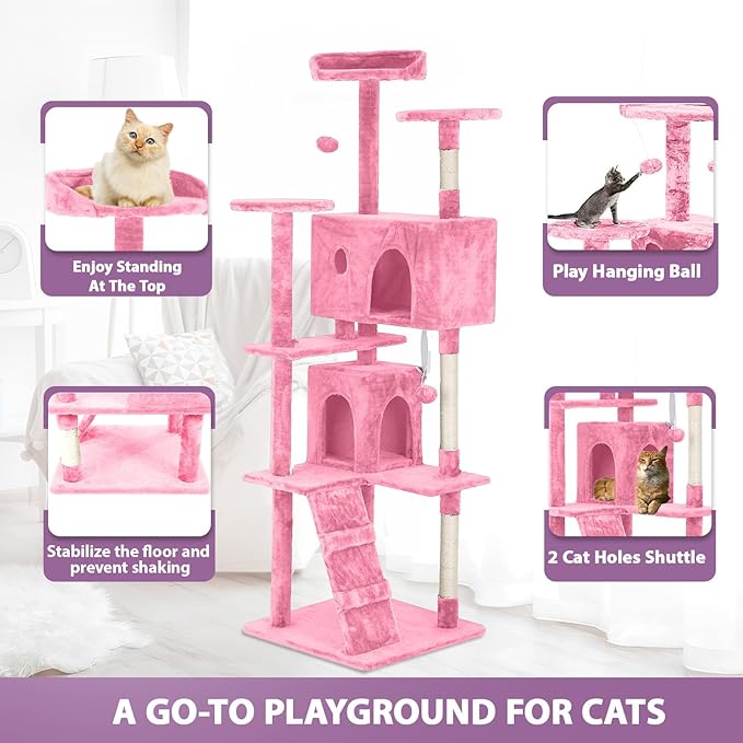 70 inches Cat Tower for Indoor Cats Multi-Level Cat Condos for XL Cat Tree Cat Climbing Tower with Scratching Posts, Hanging Toys,Pink-Mewly Pet