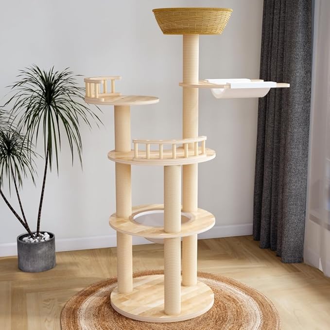Modern Wood Cat Tree for Large Cats,Luxury Rattan Oak Cat Trees Towers，Rattan Cat Tree with Capsule &Hammock，3 Weaving Cat Nests & Washable, Sisal Scratching Posts, for Indoor Cats, (Large 02)-Mewly Pet