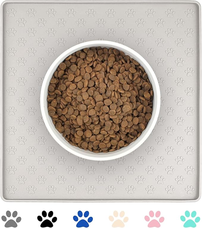 Ptlom Dog Food Mat Anti-Slip Bowl Mats for Food and Water, Waterproof Silicone Pet Placemat with High Raised Edges, Non-Slip Puppy Feeding Tray for Small, Medium Large Cats Dogs, Cream, 11.8"x11.8"-Mewly Pet