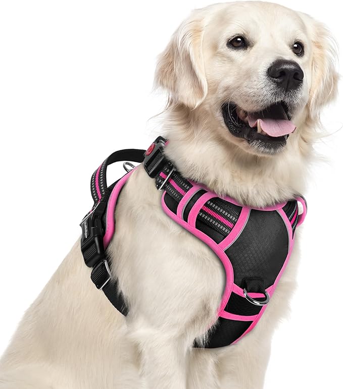 rabbitgoo Dog Harness for Large Dogs, No Pull Pet Vest with 3 Buckles, Adjustable Soft Padded Pet Harness with Easy Control Handle and Reflective Strips, Black & Rose Pink, XL-Mewly Pet