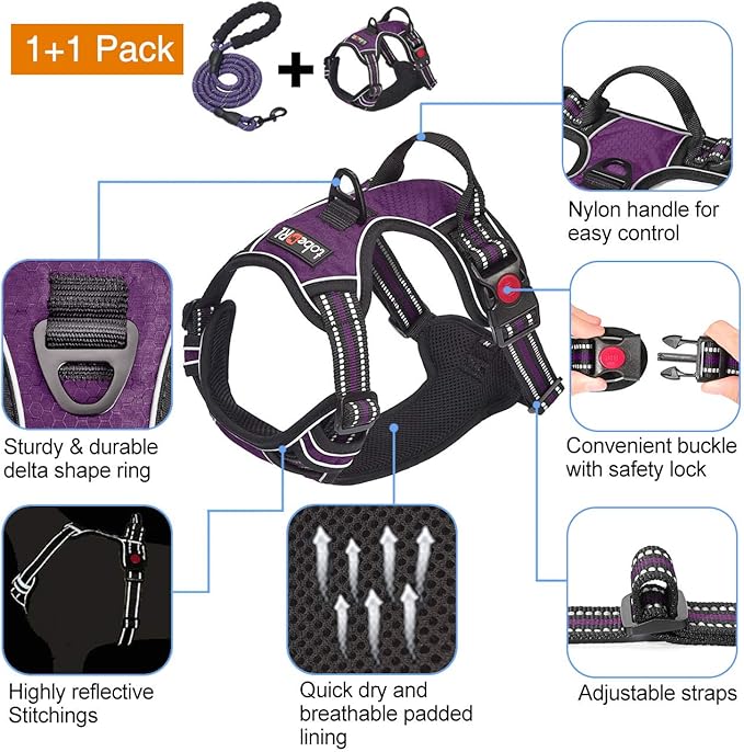 No Pull Dog Harness Adjustable Reflective Oxford Easy Control Medium Large Dog Harness with A Free Heavy Duty 5ft Dog Leash (S (Chest: 17.5"-21"), Purple Harness+Leash)-Mewly Pet