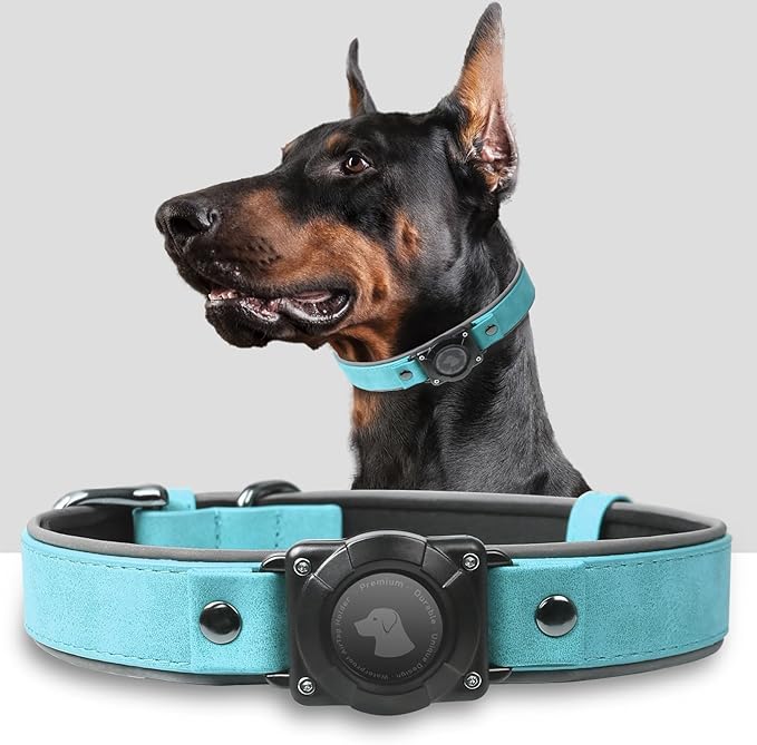 AirTag Dog Collar - Leather Dog Collar with Air Tag Holder | IPX8 Waterproof, Reflective, High - End, Adjustable Soft Padded | Dog GPS Tracker Collars Fit for Medium Large Dogs (Light Blue, L)-Mewly Pet