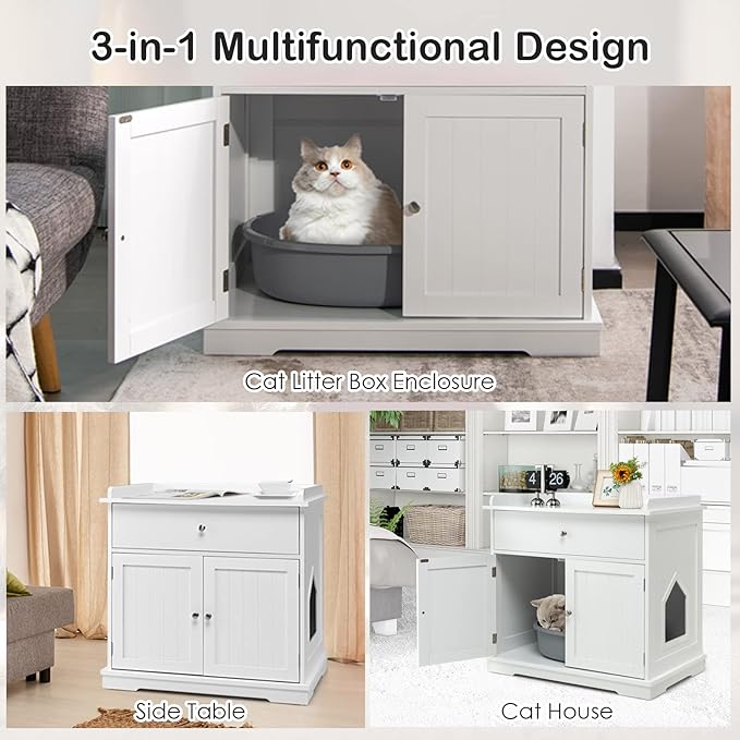 PETSITE Cat Litter Box Enclosure, Large Cat Washroom End Table with Drawer & 2 Doors, Wooden Cat House Storage Cabinet, Hidden Litter Box Furniture, White-Mewly Pet