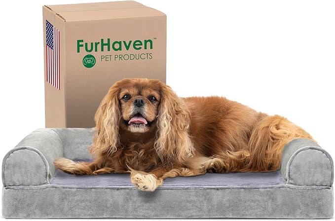 Furhaven Cooling Gel Dog Bed for Medium/Small Dogs w/ Removable Bolsters & Washable Cover, For Dogs Up to 35 lbs - Faux Fur & Velvet Sofa - Smoke Gray, Medium-Mewly Pet